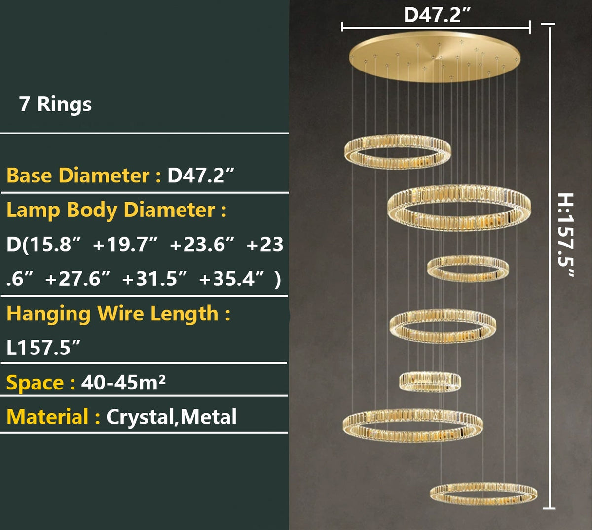 Modern Layered Ring Crystal Chandelier For High Ceiling Living Room /Foryer/Stairscase - 5 Rings:D23.6"*H78.7"Warm Lightcasivra