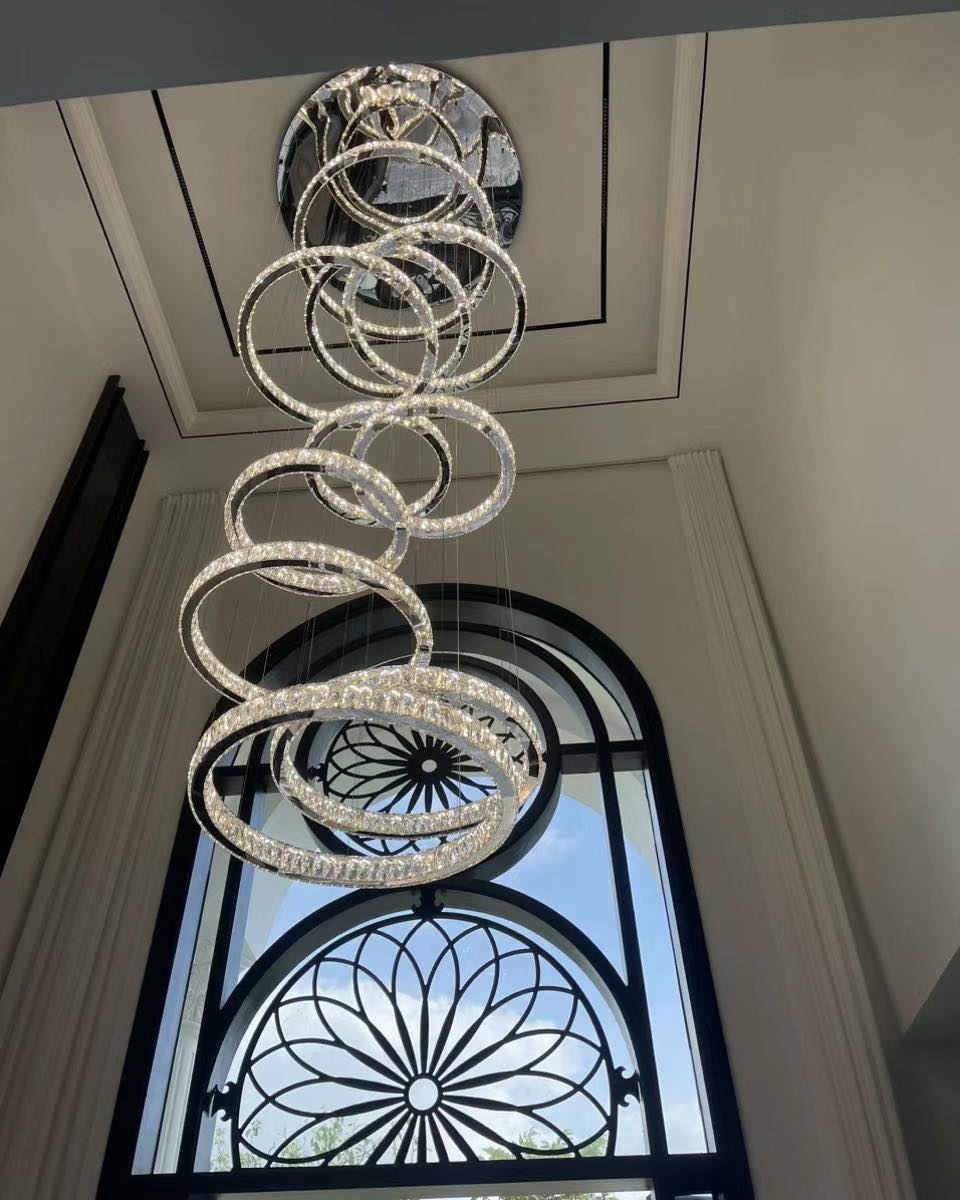 Modern Layered Ring Crystal Chandelier For High Ceiling Living Room /Foryer/Stairscase - 5 Rings:D23.6"*H78.7"Warm Lightcasivra