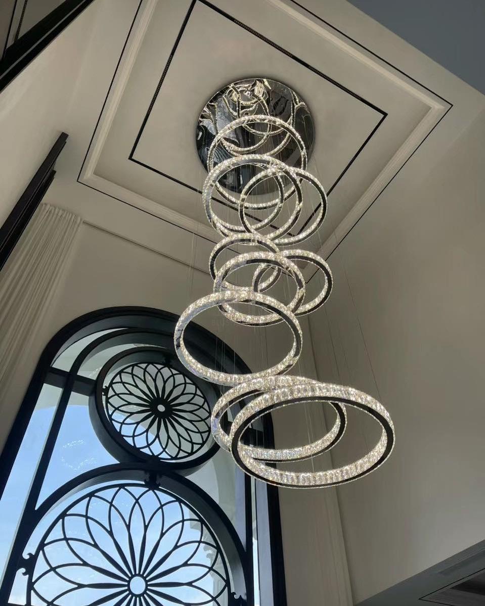 Modern Layered Ring Crystal Chandelier For High Ceiling Living Room /Foryer/Stairscase - 5 Rings:D23.6"*H78.7"Warm Lightcasivra