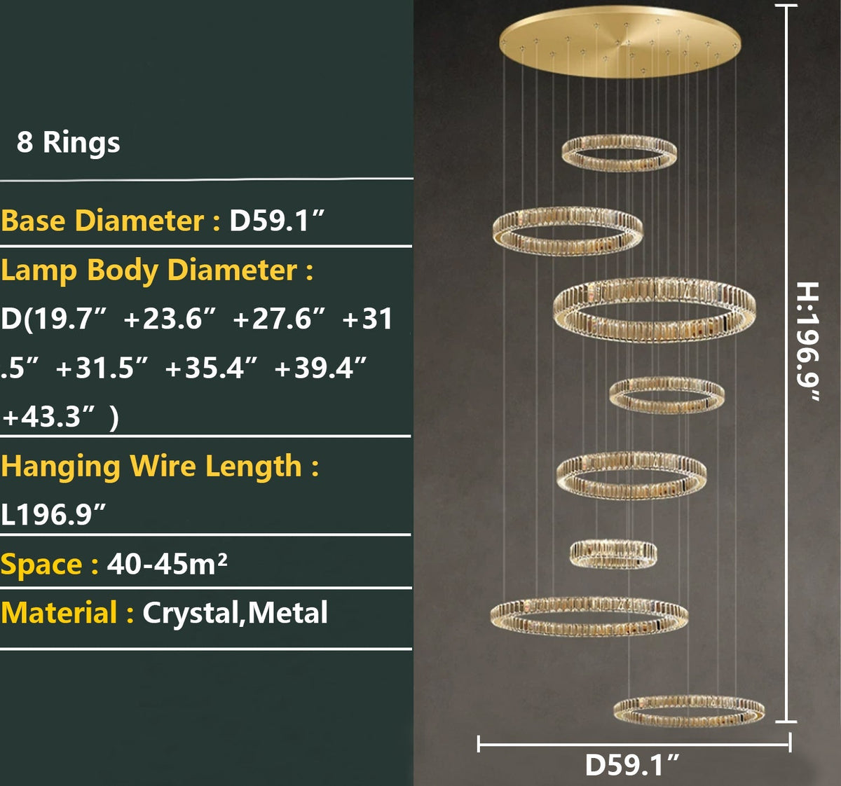 Modern Layered Ring Crystal Chandelier For High Ceiling Living Room /Foryer/Stairscase - 5 Rings:D23.6"*H78.7"Warm Lightcasivra