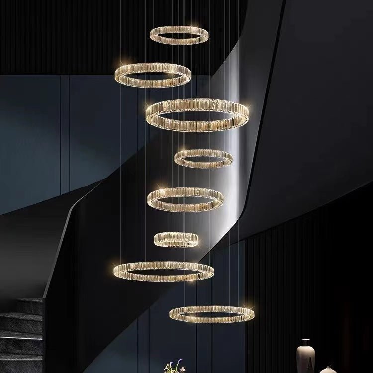 Modern Layered Ring Crystal Chandelier For High Ceiling Living Room /Foryer/Stairscase - 5 Rings:D23.6"*H78.7"Warm Lightcasivra