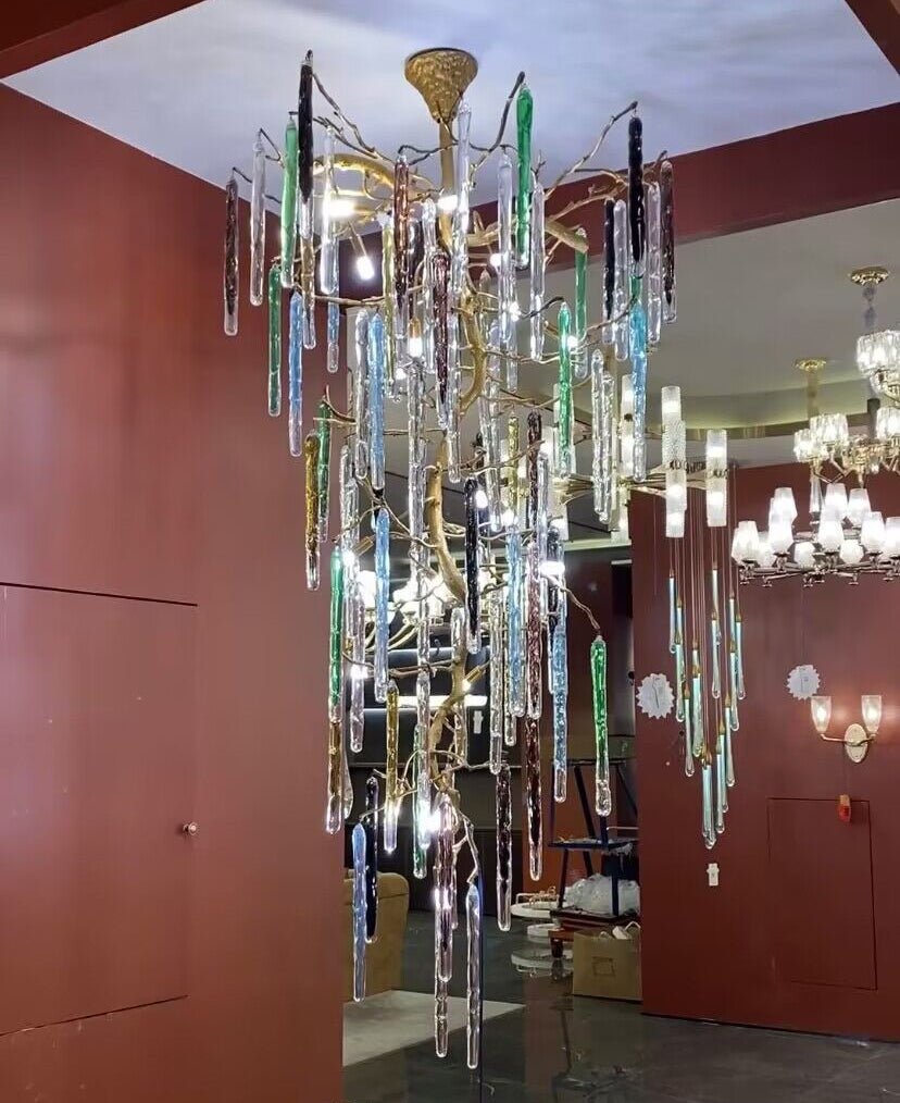 Modern Light Luxury Brass Branches Colored Glass Column Chandelier for Staircase/Living Room/High - ceiling Space - D 31.50" * H 70.87"White Lightcasivra