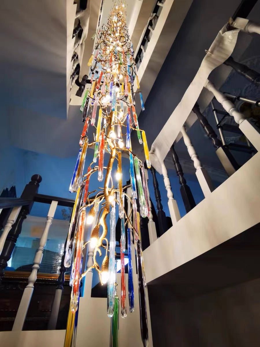 Modern Light Luxury Brass Branches Colored Glass Column Chandelier for Staircase/Living Room/High - ceiling Space - D 31.50" * H 70.87"White Lightcasivra