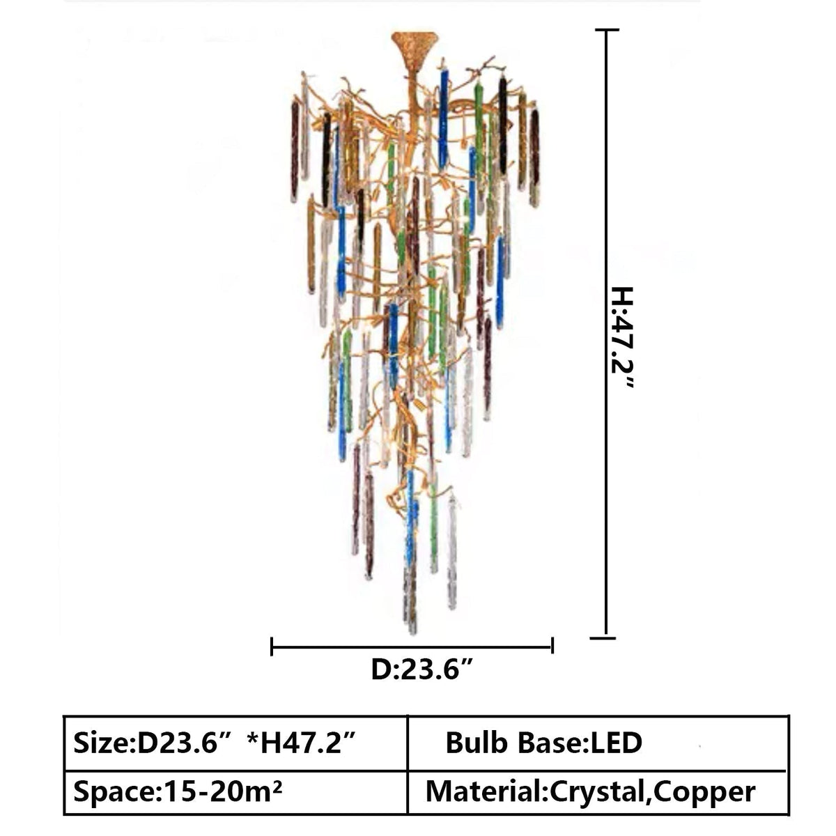 Modern Light Luxury Brass Branches Colored Glass Column Chandelier for Staircase/Living Room/High - ceiling Space - D 31.50" * H 70.87"White Lightcasivra