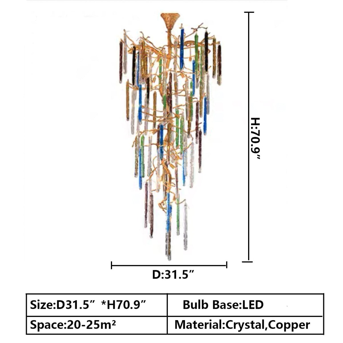 Modern Light Luxury Brass Branches Colored Glass Column Chandelier for Staircase/Living Room/High - ceiling Space - D 31.50" * H 70.87"White Lightcasivra