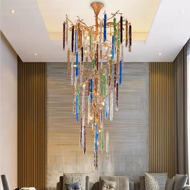 Modern Light Luxury Brass Branches Colored Glass Column Chandelier for Staircase/Living Room/High - ceiling Space - D 23.62" * H 39.37"Warm Lightcasivra