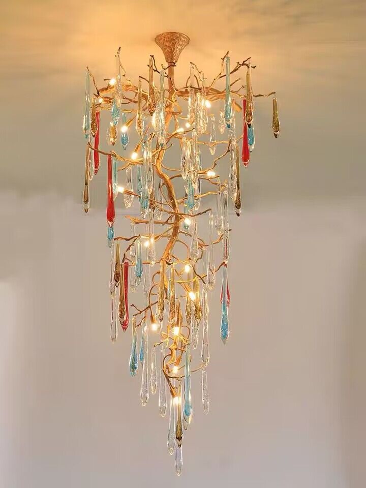 Modern Light Luxury Brass Branches Colored Glass Column Chandelier for Staircase/Living Room/High - ceiling Space - D 23.62" * H 39.37"Dimmable Warm Lightcasivra