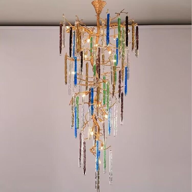 Modern Light Luxury Brass Branches Colored Glass Column Chandelier for Staircase/Living Room/High - ceiling Space - D 23.62" * H 59.06"Dimmable White Lightcasivra