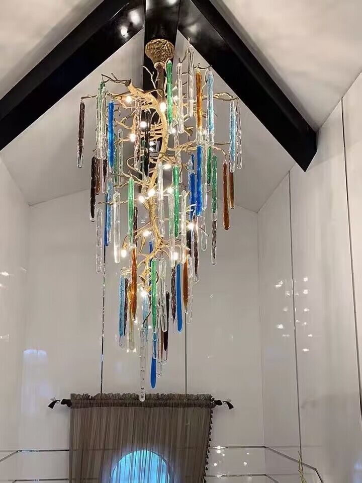 Modern Light Luxury Brass Branches Colored Glass Column Chandelier for Staircase/Living Room/High - ceiling Space - D 23.62" * H 39.37"Dimmable White Lightcasivra