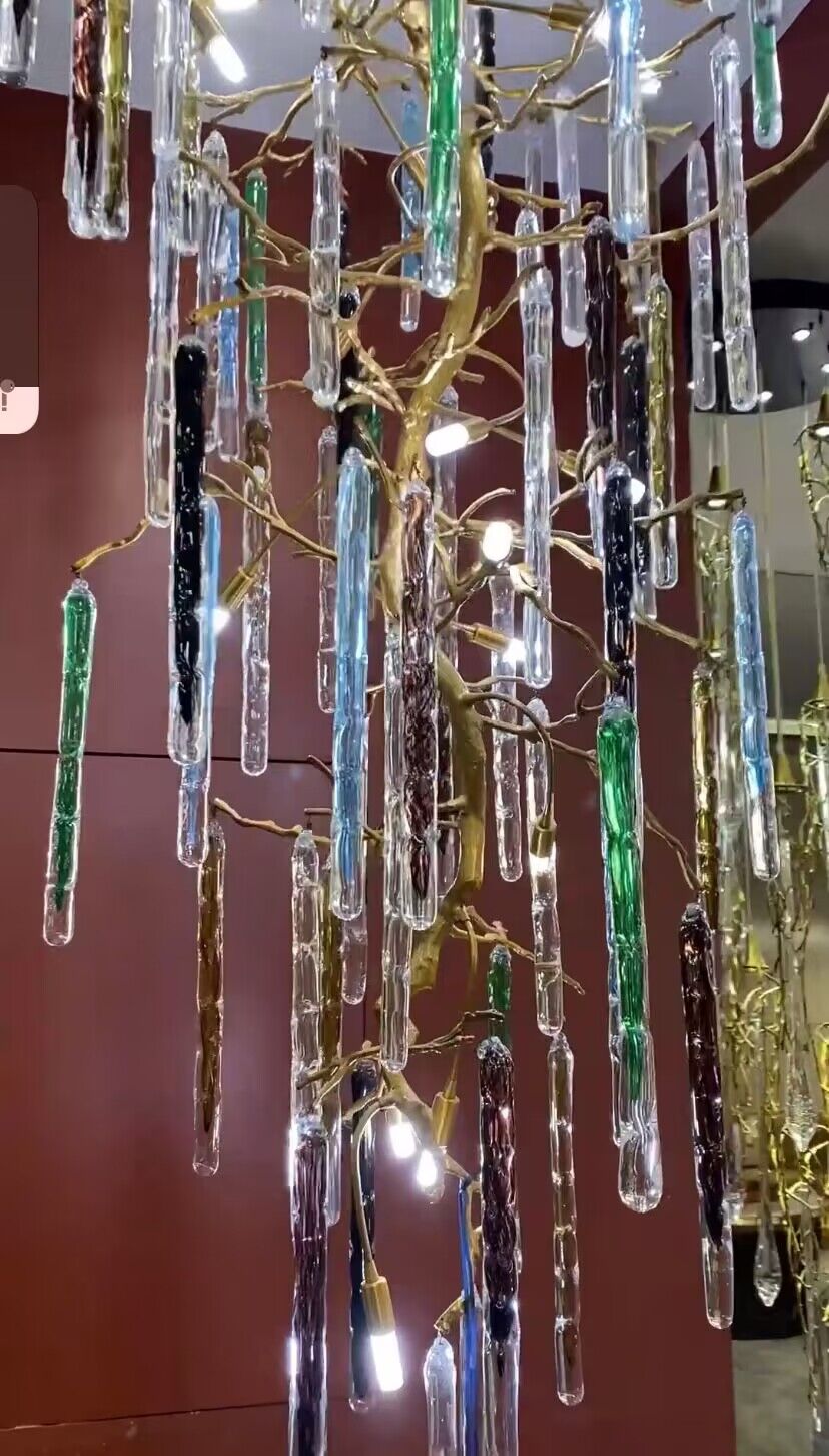 Modern Light Luxury Brass Branches Colored Glass Column Chandelier for Staircase/Living Room/High - ceiling Space - D 31.50" * H 70.87"Dimmable White Lightcasivra