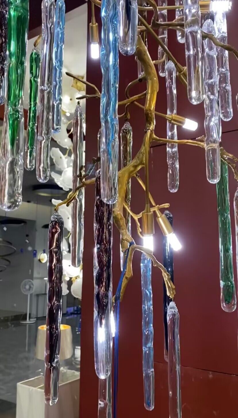Modern Light Luxury Brass Branches Colored Glass Column Chandelier for Staircase/Living Room/High - ceiling Space - D 31.50" * H 70.87"Dimmable White Lightcasivra