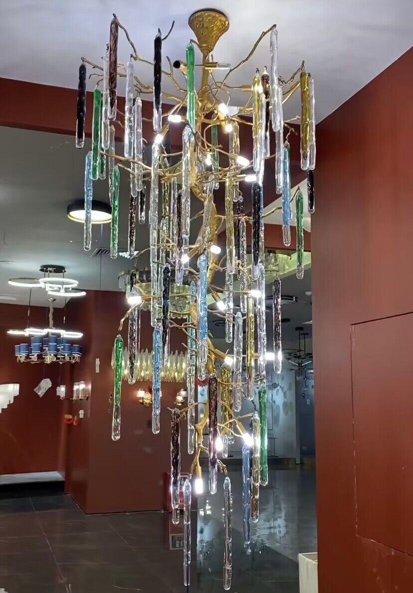 Modern Light Luxury Brass Branches Colored Glass Column Chandelier for Staircase/Living Room/High - ceiling Space - D 23.62" * H 39.37"White Lightcasivra