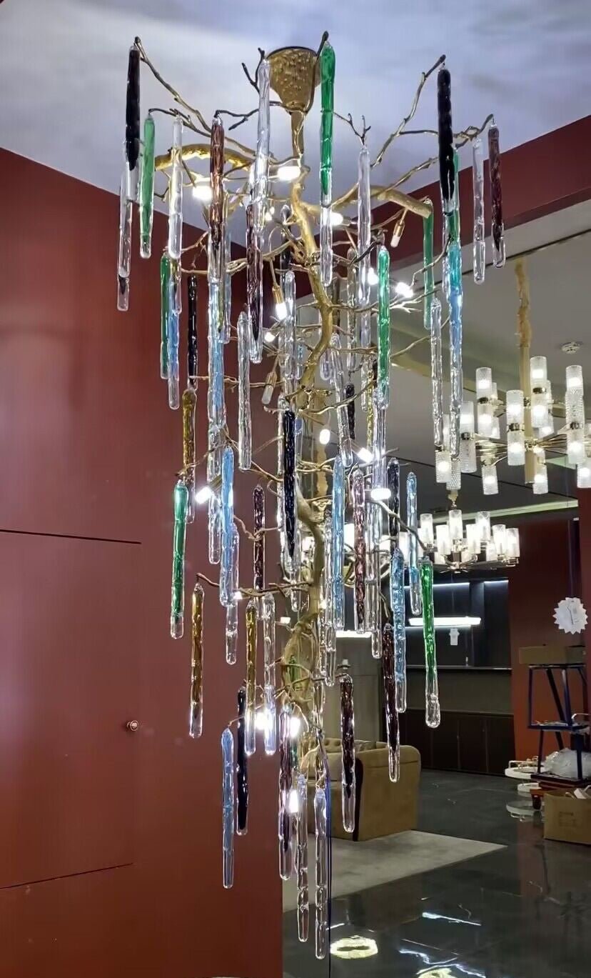 Modern Light Luxury Brass Branches Colored Glass Column Chandelier for Staircase/Living Room/High - ceiling Space - D 23.62" * H 39.37"White Lightcasivra