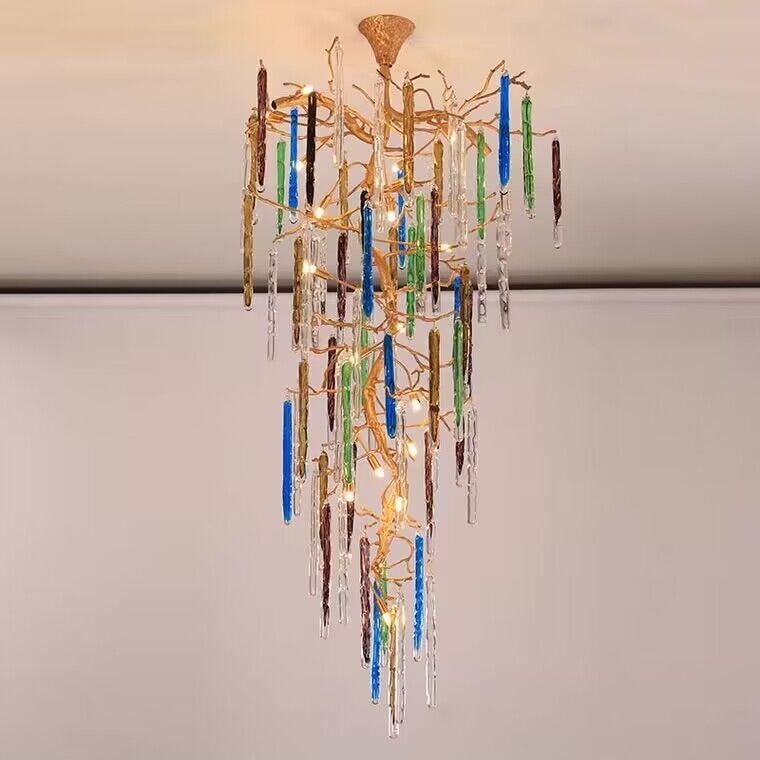 Modern Light Luxury Brass Branches Colored Glass Column Chandelier for Staircase/Living Room/High - ceiling Space - D 23.62" * H 39.37"Warm Lightcasivra