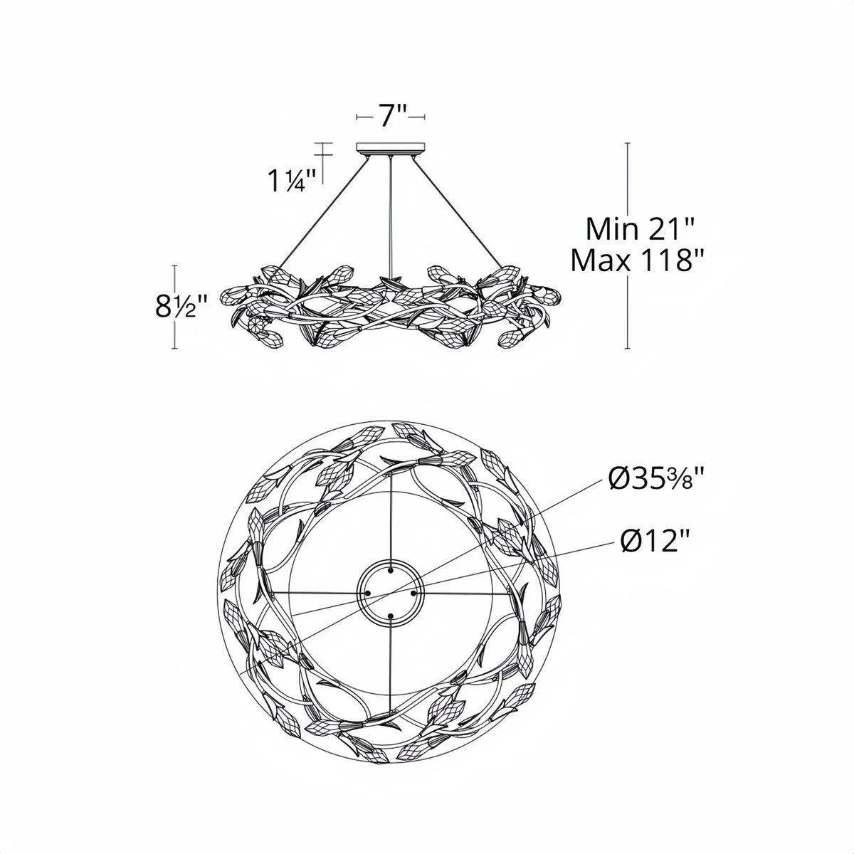 Modern Linear/Round Floral Branches Crystal Chandelier - Round/D35.4"*H8.5"(D90cm*H21.6cm)Antique SilverDimmable Warm Lightcasivra