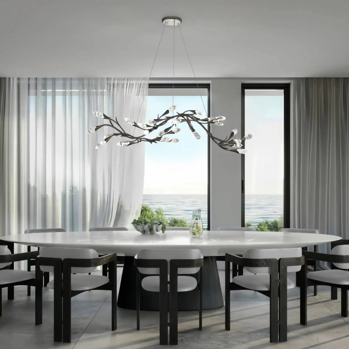 Modern Linear/Round Floral Branches Crystal Chandelier - Linear/L56.3"*W15.5"*H11.9"(L143cm*W39.4cm*H30.2cm)BlackWarm Lightcasivra