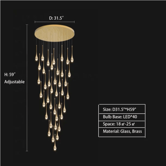 Modern Long Gold Glass Raindrop Rod Pendant Light for Staircase/High - ceiling room - One Single: D3.9"*H15.0"casivra