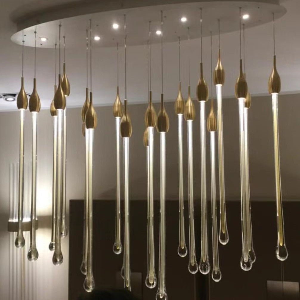 Modern Long Gold Glass Raindrop Rod Pendant Light for Staircase/High - ceiling room - One Single: D3.9"*H15.0"casivra