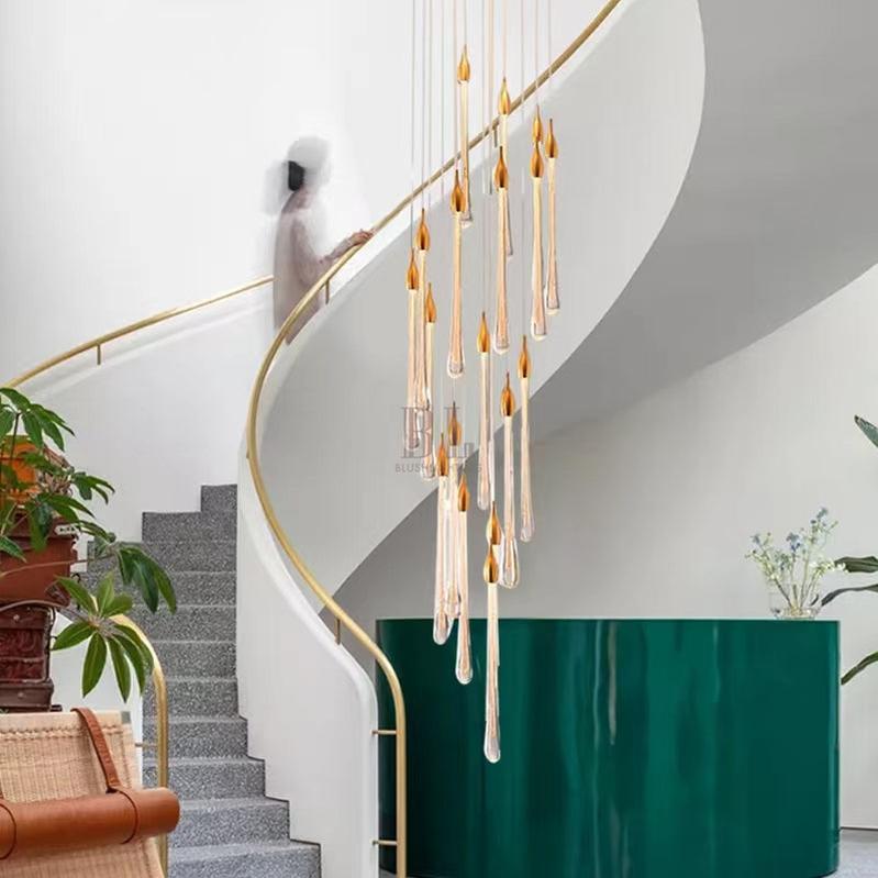 Modern Long Gold Glass Raindrop Rod Pendant Light for Staircase/High - ceiling room - One Single: D3.9"*H15.0"casivra