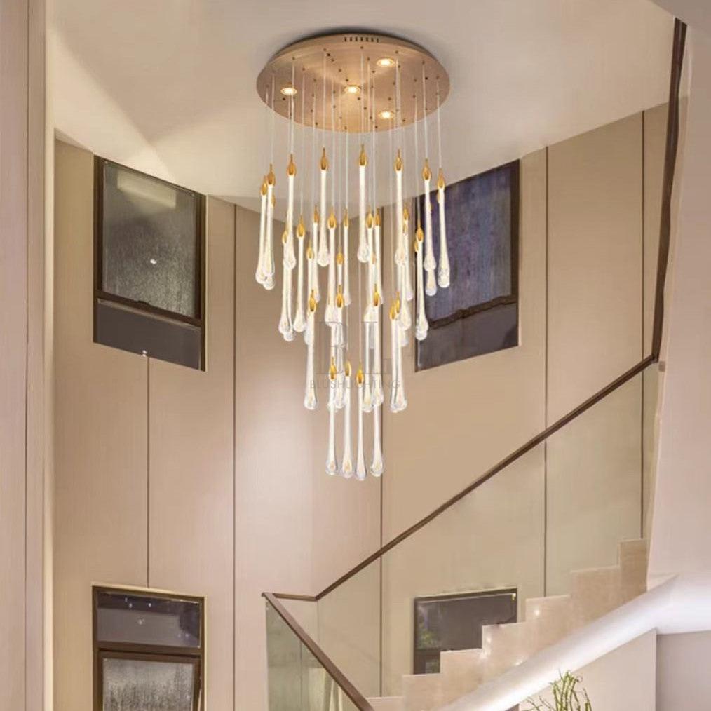 Modern Long Gold Glass Raindrop Rod Pendant Light for Staircase/High - ceiling room - One Single: D3.9"*H15.0"casivra