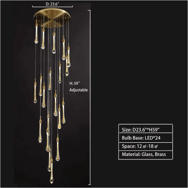 Modern Long Gold Glass Raindrop Rod Pendant Light for Staircase/High - ceiling room - One Single: D3.9"*H15.0"casivra