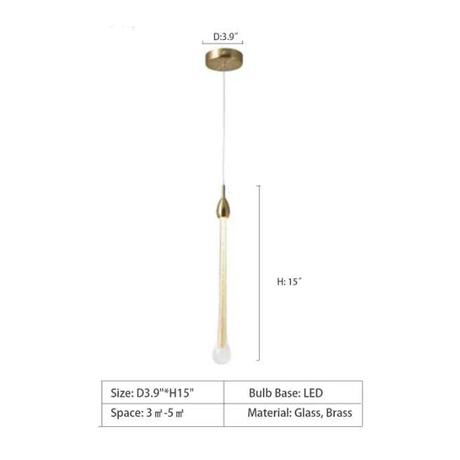 Modern Long Gold Glass Raindrop Rod Pendant Light for Staircase/High - ceiling room - One Single: D3.9"*H15.0"casivra