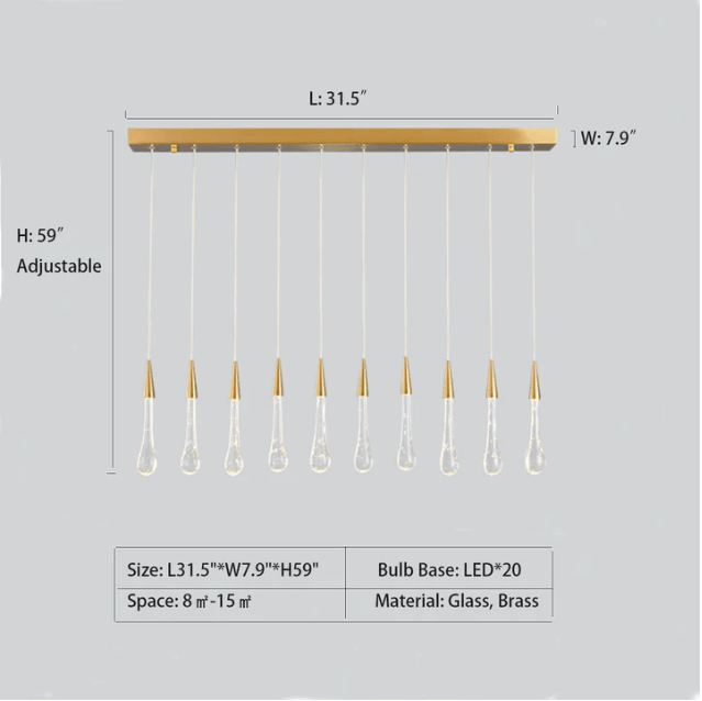 Modern Long Gold Glass Raindrop Rod Pendant Light for Staircase/High - ceiling room - One Single: D3.9"*H15.0"casivra