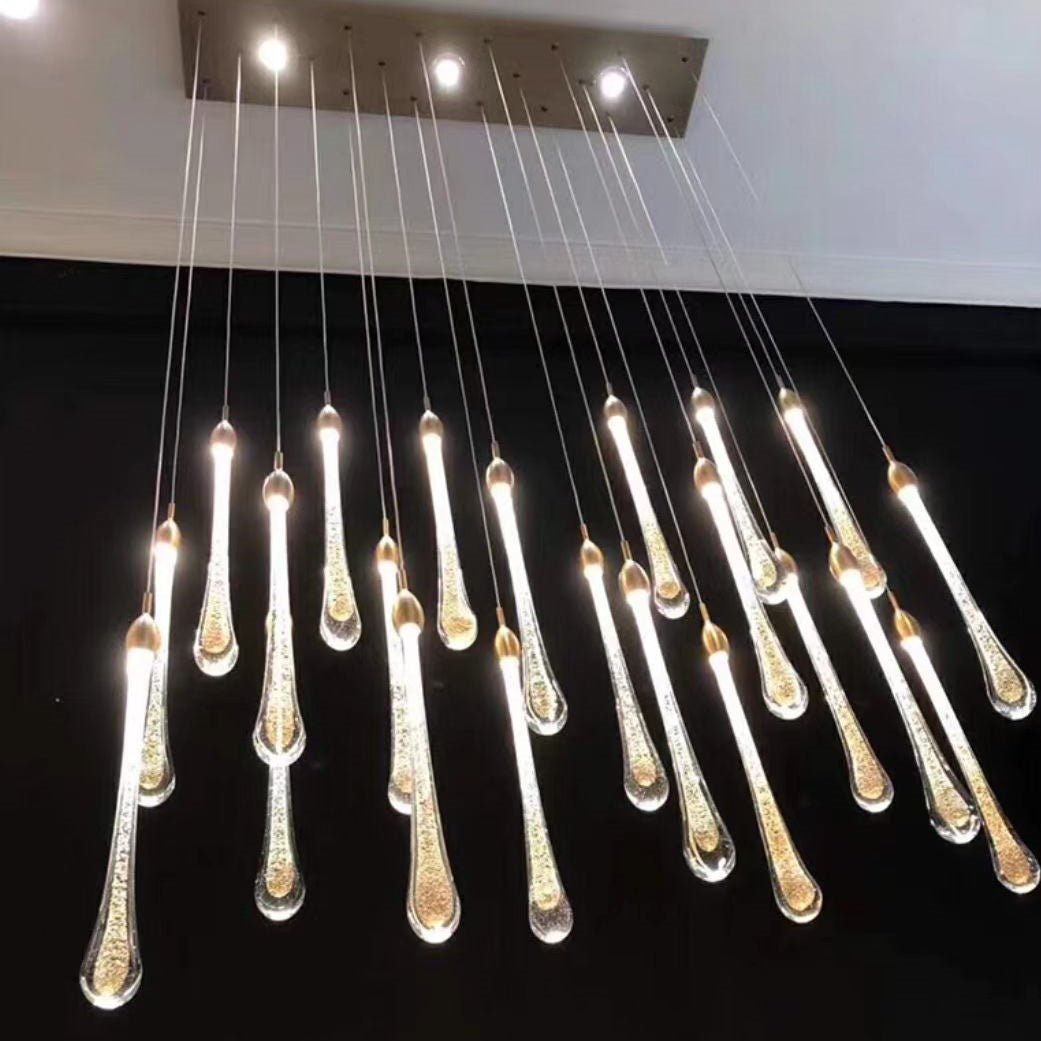 Modern Long Gold Glass Raindrop Rod Pendant Light for Staircase/High - ceiling room - One Single: D3.9"*H15.0"casivra