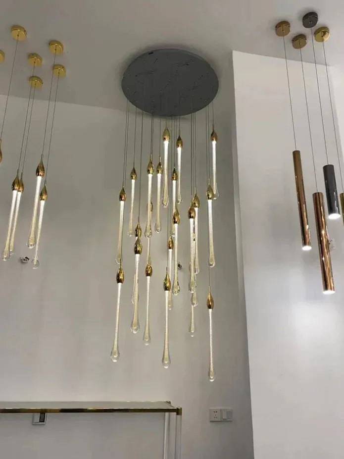 Modern Long Gold Glass Raindrop Rod Pendant Light for Staircase/High - ceiling room - One Single: D3.9"*H15.0"casivra