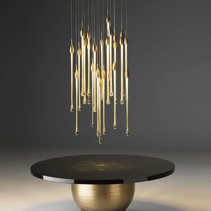 Modern Long Gold Glass Raindrop Rod Pendant Light for Staircase/High - ceiling room - One Single: D3.9"*H15.0"casivra