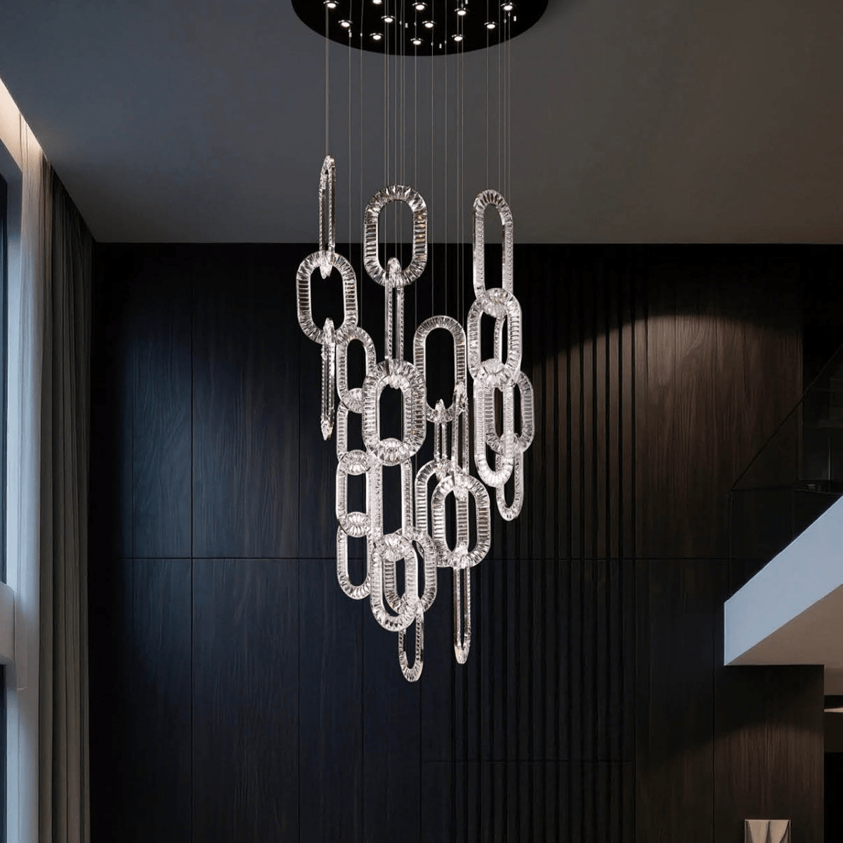 Modern Luxury Crystal Chain Cluster Chandelier for High Ceiling/Dining Room-casivra-Round Canopy/9 Cluster/D41.6"*H90.98"(D105.7cm*H231.1cm)-Gold-Warm Light-casivra