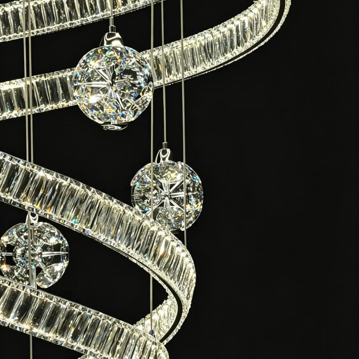 Modern Luxury Spiral Ribbon Multi-Ball Crystal Chandelier for Foyer/Staircase - D47.24"*H118.11"(D120cm*H300cm)Dimmable White Lightcasivra