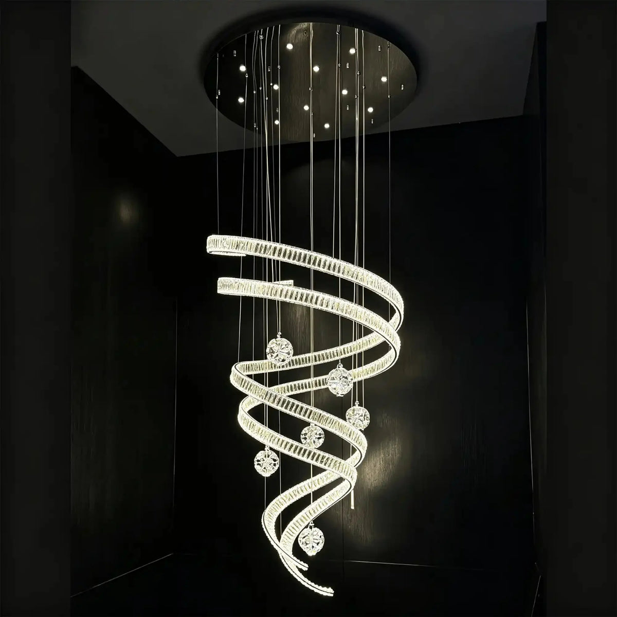 Modern Luxury Spiral Ribbon Multi-Ball Crystal Chandelier for Foyer/Staircase - D47.24"*H118.11"(D120cm*H300cm)Dimmable Warm Lightcasivra