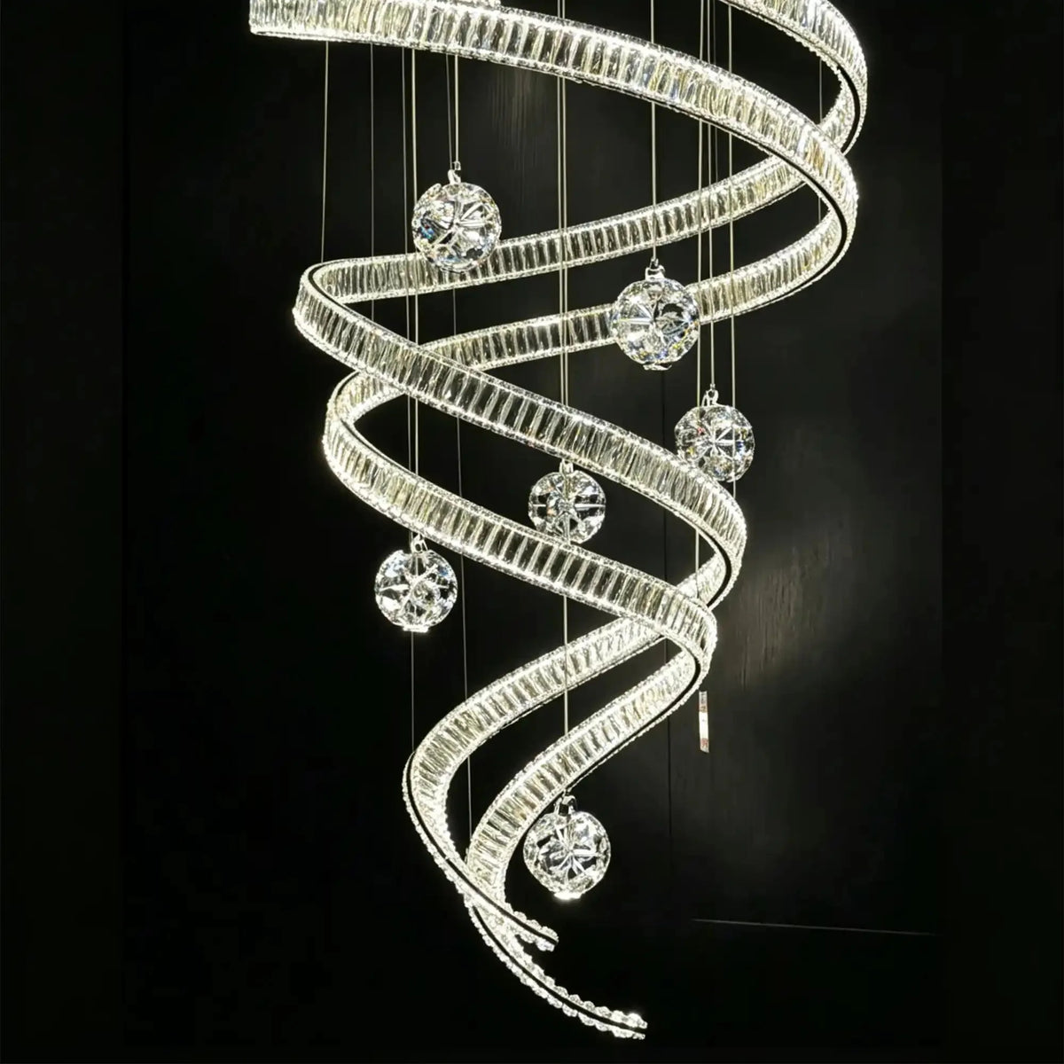 Modern Luxury Spiral Ribbon Multi-Ball Crystal Chandelier for Foyer/Staircase - D47.24"*H118.11"(D120cm*H300cm)Dimmable White Lightcasivra