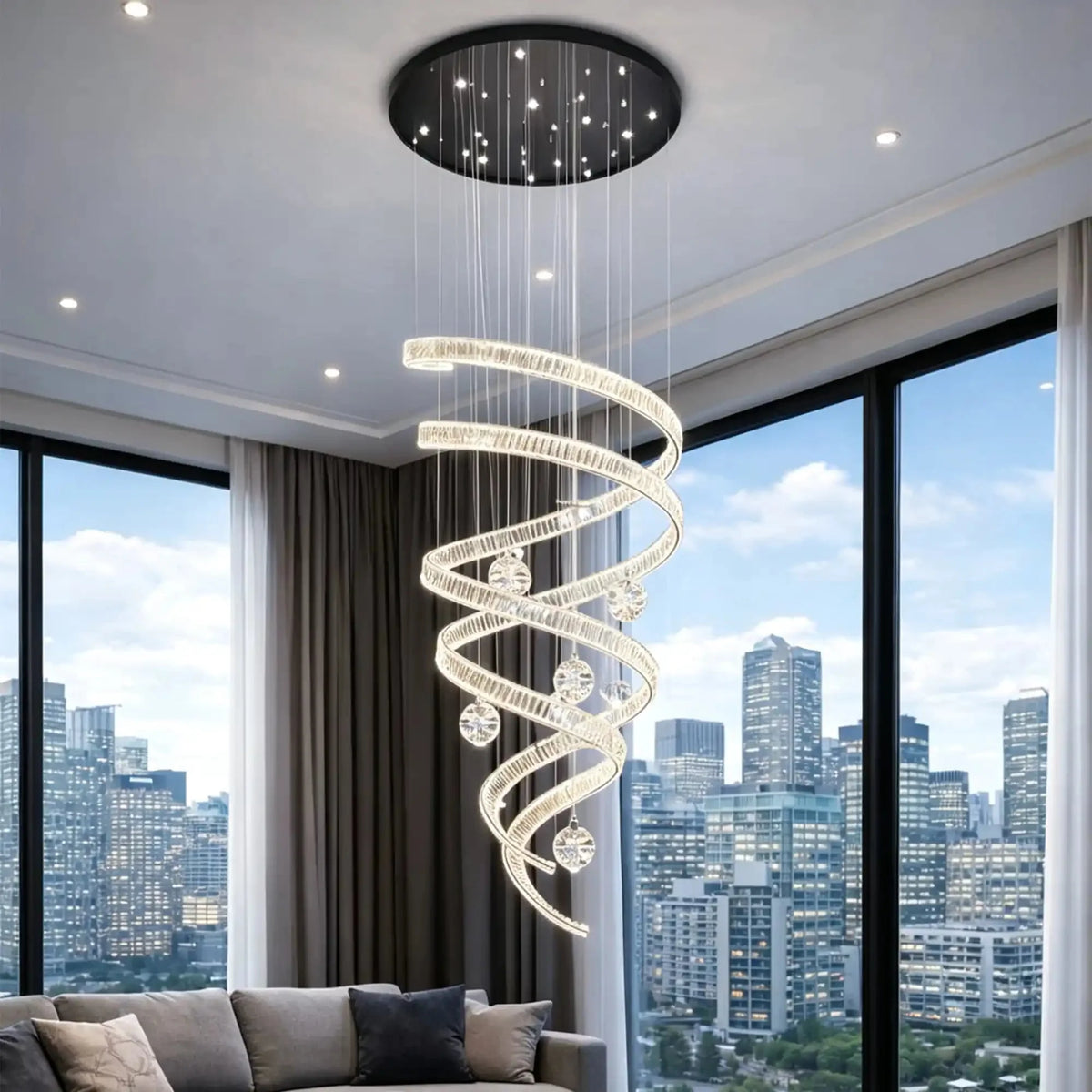 Modern Luxury Spiral Ribbon Multi-Ball Crystal Chandelier for Foyer/Staircase - D47.24"*H118.11"(D120cm*H300cm)Dimmable White Lightcasivra