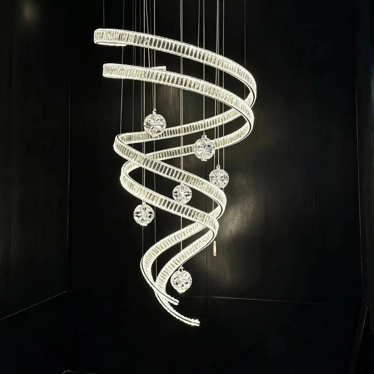 Modern Luxury Spiral Ribbon Multi-Ball Crystal Chandelier for Foyer/Staircase - D47.24"*H118.11"(D120cm*H300cm)Dimmable White Lightcasivra