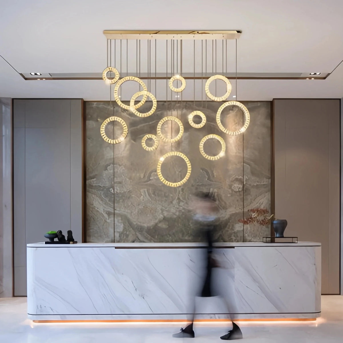 Modern Multi Gold Donuts Shape Crystal Chandelier Ring Round Light Fixture for Foyer Staircase - Linear/ D 63" * H 98.4"GoldDimmable Warm Lightcasivra