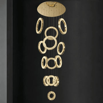 Modern Multi Gold Donuts Shape Crystal Chandelier Ring Round Light Fixture for Foyer Staircase - Round/ D 31.5" * H 118.1"GoldWarm Lightcasivra