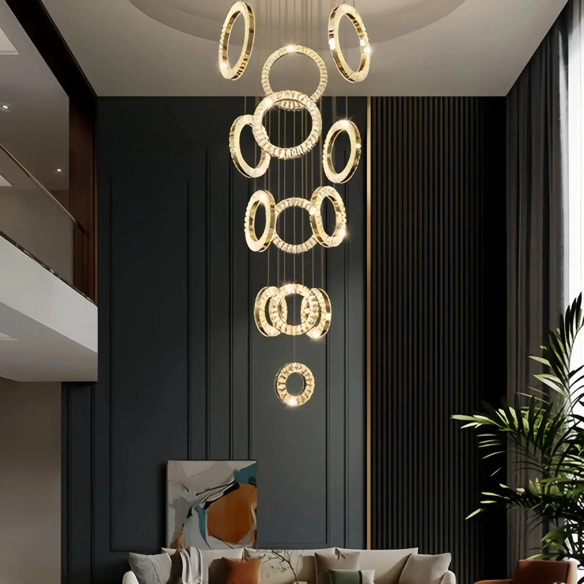 Modern Multi Gold Donuts Shape Crystal Chandelier Ring Round Light Fixture for Foyer Staircase - Linear/ D 63" * H 98.4"ChromeWarm Lightcasivra