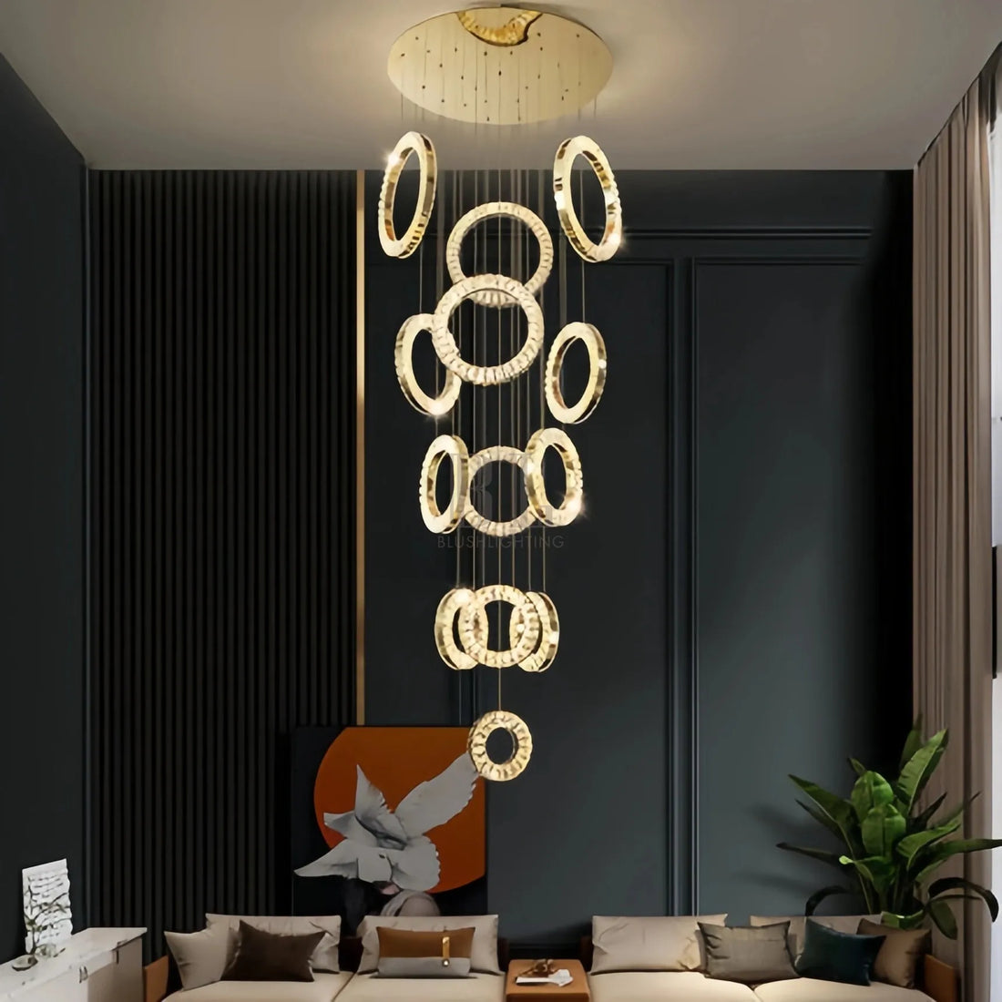 Modern Multi Gold Donuts Shape Crystal Chandelier Ring Round Light Fixture for Foyer Staircase - Round/ D 31.5" * H 118.1"GoldWarm Lightcasivra