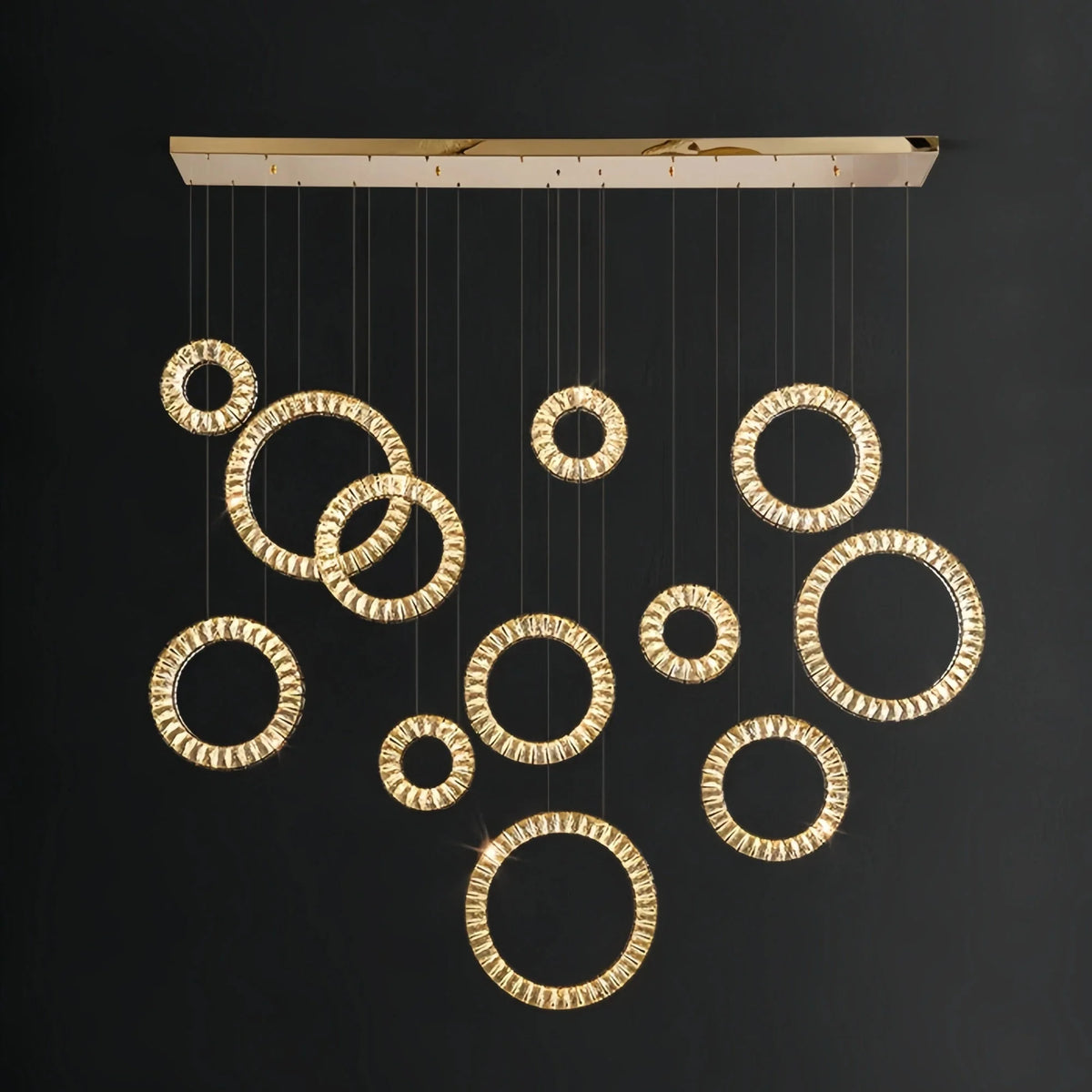 Modern Multi Gold Donuts Shape Crystal Chandelier Ring Round Light Fixture for Foyer Staircase - Linear/ D 63" * H 98.4"ChromeWarm Lightcasivra