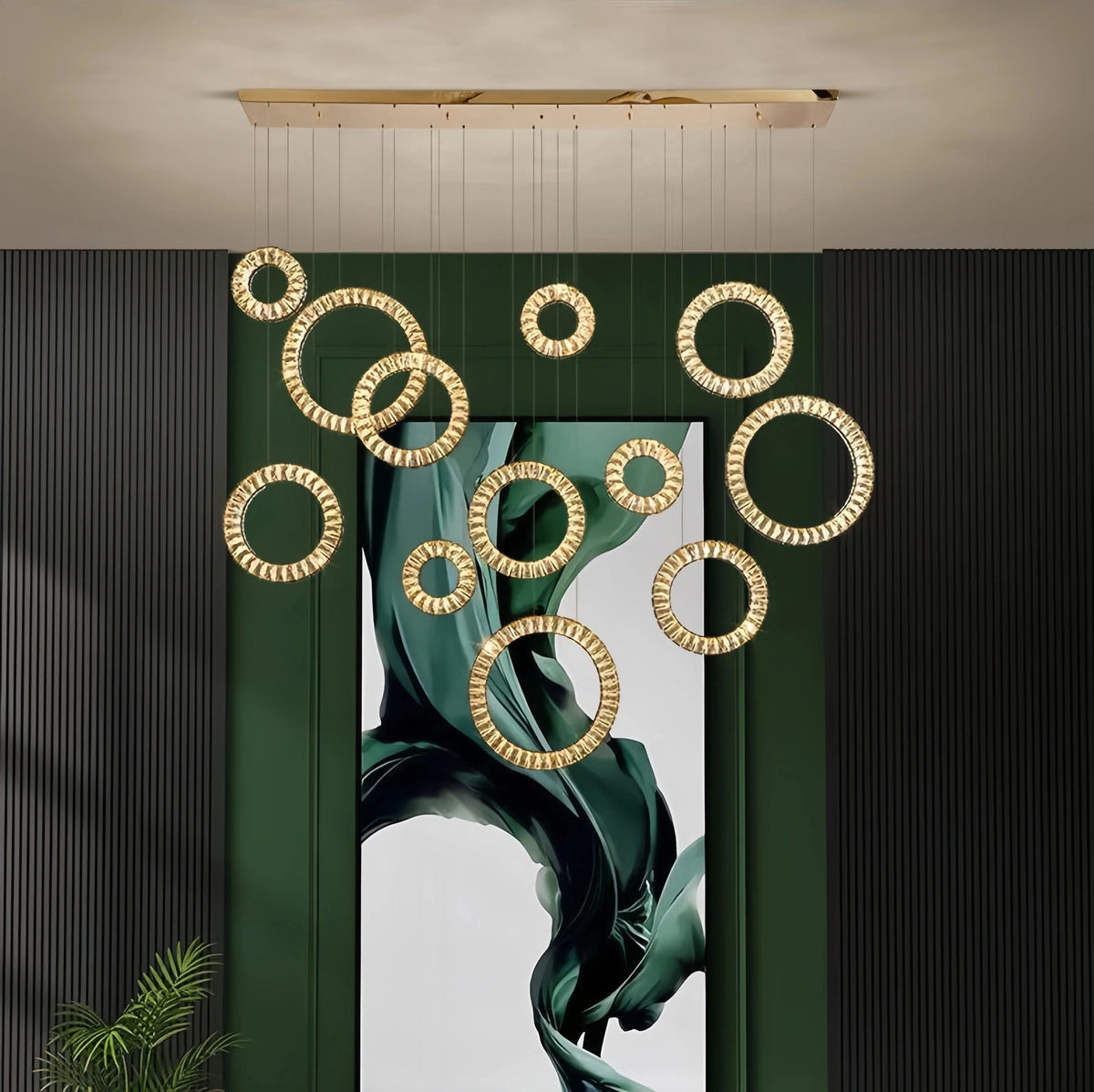 Modern Multi Gold Donuts Shape Crystal Chandelier Ring Round Light Fixture for Foyer Staircase - Linear/ D 63" * H 98.4"GoldWarm Lightcasivra