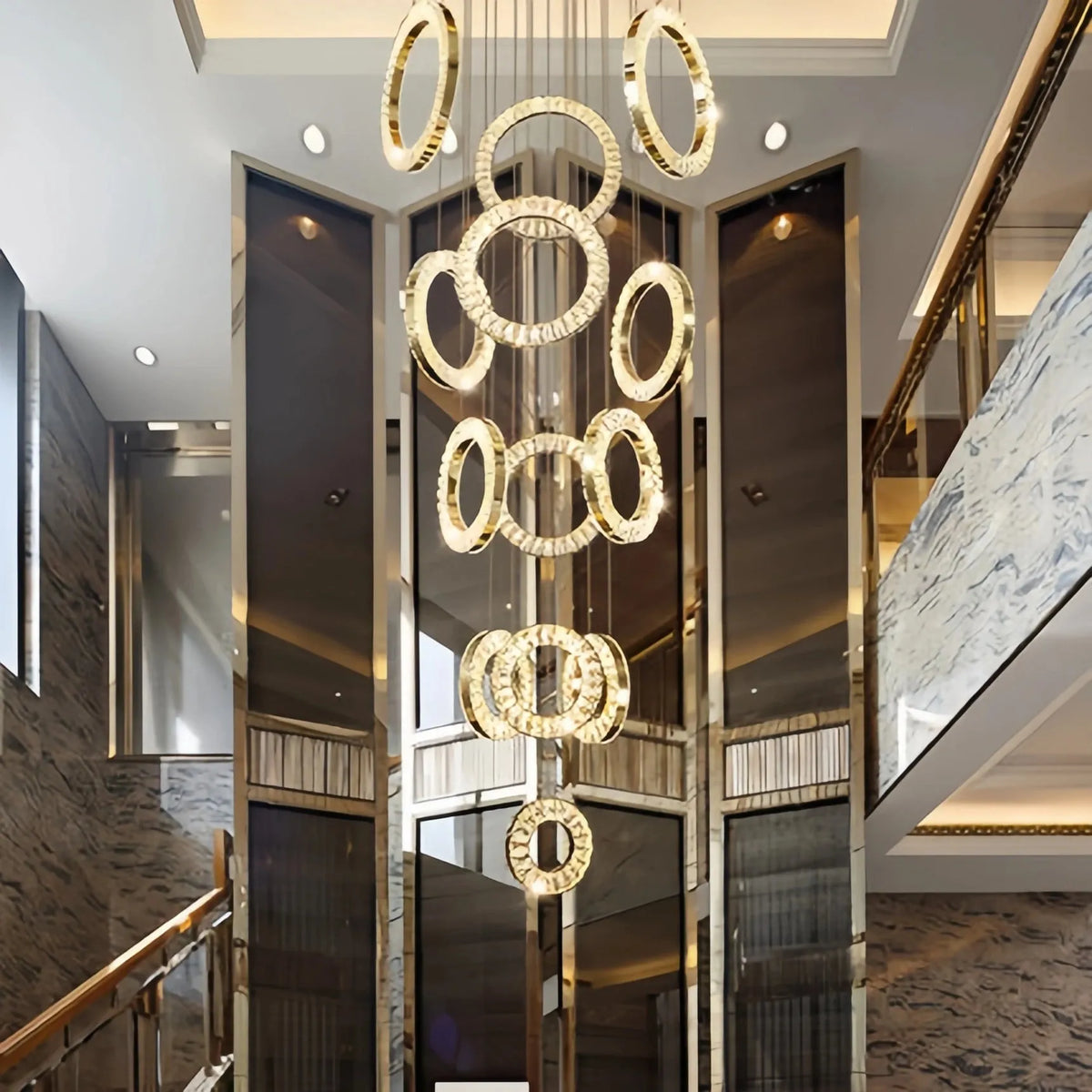 Modern Multi Gold Donuts Shape Crystal Chandelier Ring Round Light Fixture for Foyer Staircase - Round/ D 31.5" * H 118.1"GoldDimmable White Lightcasivra