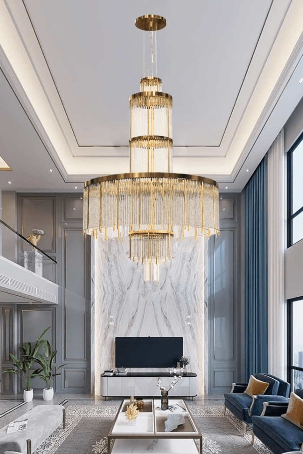 Modern Multi-layered Glass&Metal Rods Chandelier for High-ceiling - D47.64"*H73.6"(D121cm*H187cm)Dimmable Warm Lightcasivra