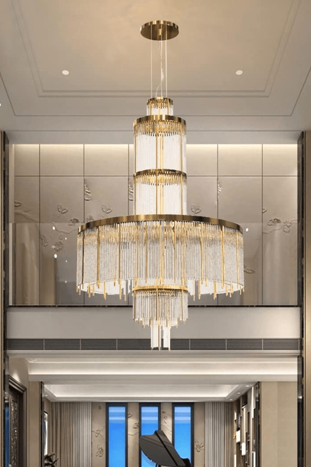 Modern Multi-layered Glass&Metal Rods Chandelier for High-ceiling - D47.64"*H73.6"(D121cm*H187cm)Dimmable Warm Lightcasivra