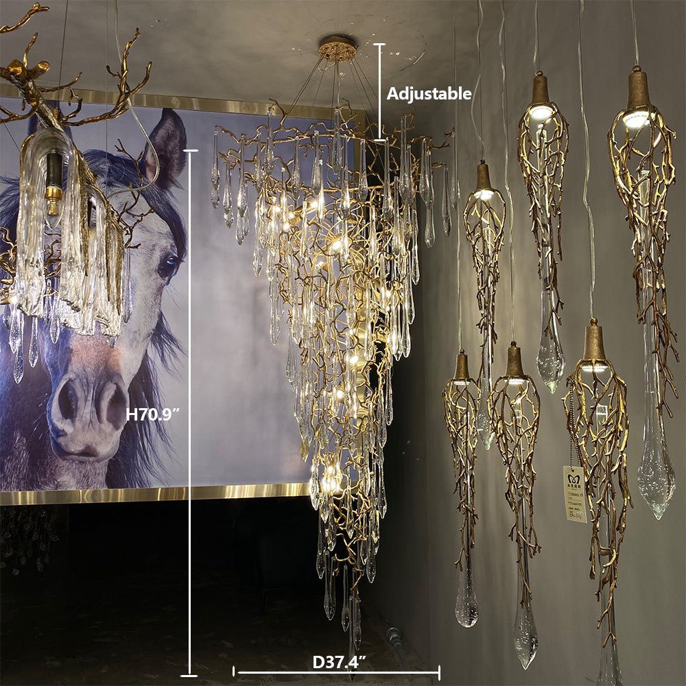 Modern Oversized Luxury Copper Crystal Long Crystal Branch Air Bubble Drop Staircase Light fixture - D31.5"*H59.1"Warm Lightcasivra