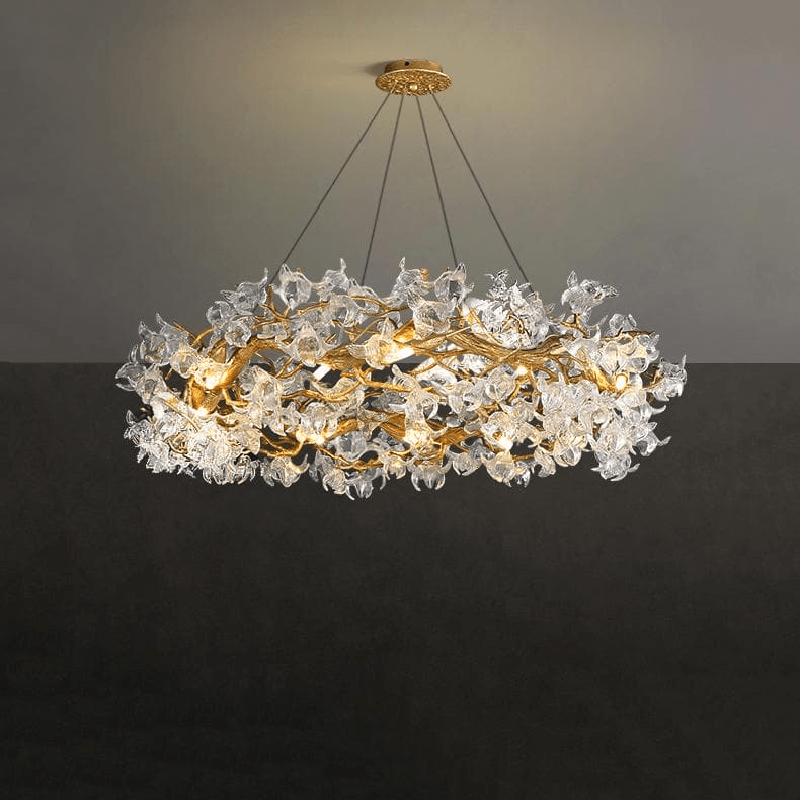 Modern Petal Crystal Round Brass Branch Chandelier - 24" W x 14" Hcasivra