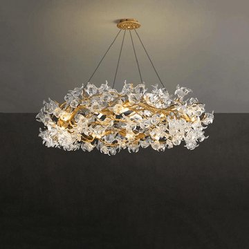 Modern Petal Crystal Round Brass Branch Chandelier - 24" W x 14" Hcasivra