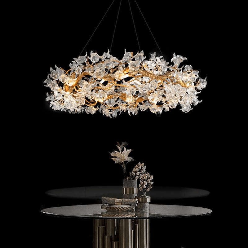 Modern Petal Crystal Round Brass Branch Chandelier - 24" W x 14" Hcasivra