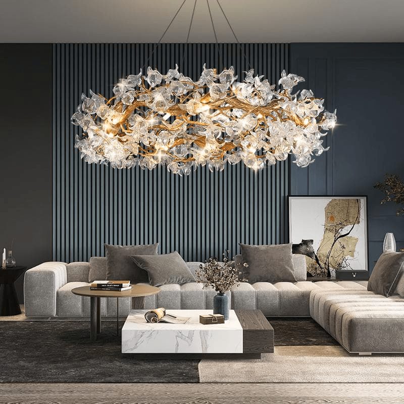 Modern Petal Crystal Round Brass Branch Chandelier - 24" W x 14" Hcasivra